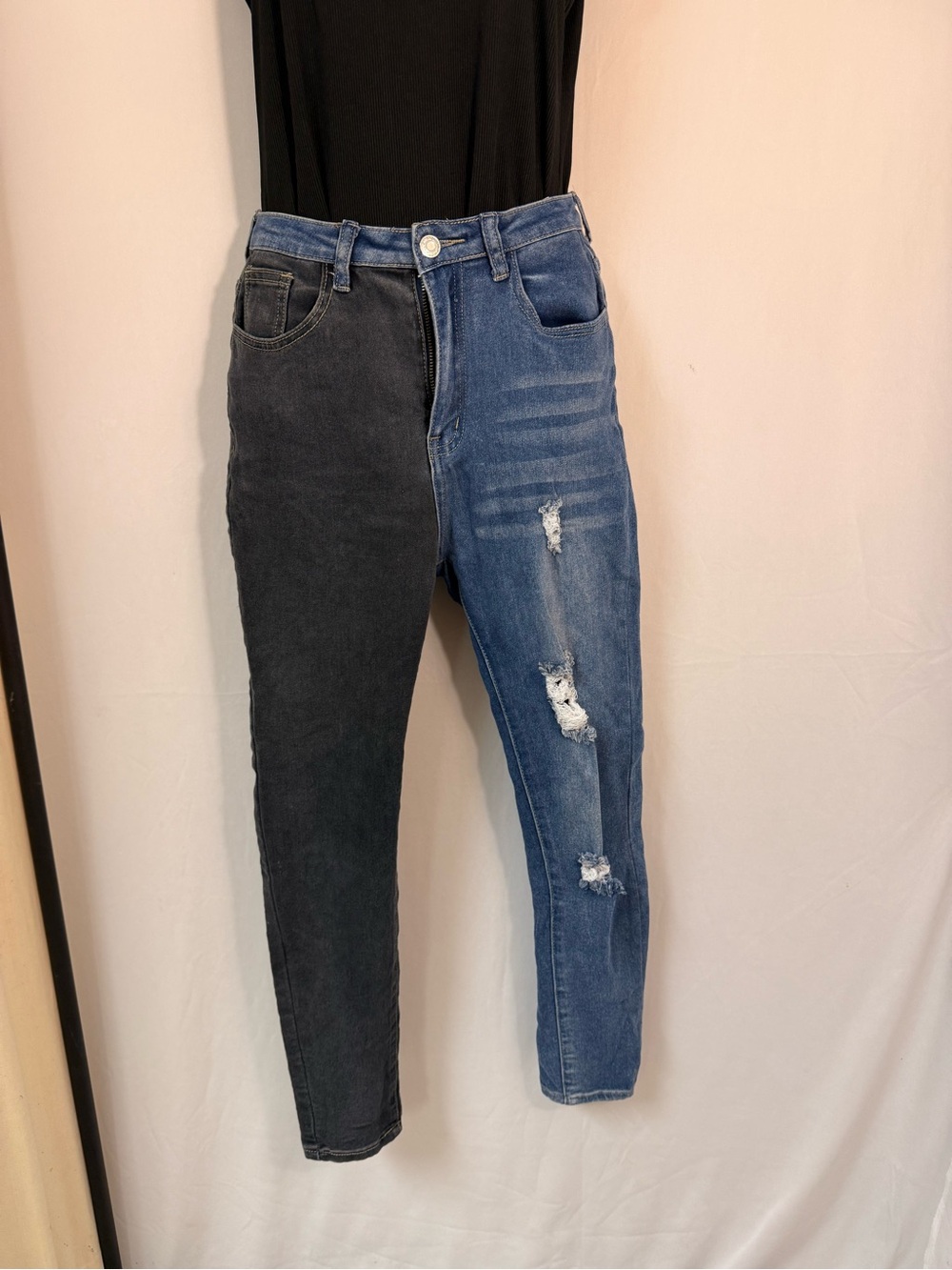 SHEIN Two-Tone Skinny Jeans - Black & Blue Ripped